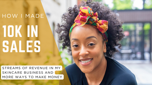Breann Vaughn, an African American and Native American woman with a curly afro and colorful headwrap, smiling with text overlay reading 'How I Made 10K in Sales: Streams of Revenue in My Skincare Business and More Ways to Make Money