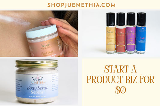 Juenethia skincare and fragrance products displayed including Sweet Peach Buttercream, Body Scrub Serene, and luxury perfume oils with text overlay reading 'Start a Product Biz for $0' and website shopjuenethia.com
